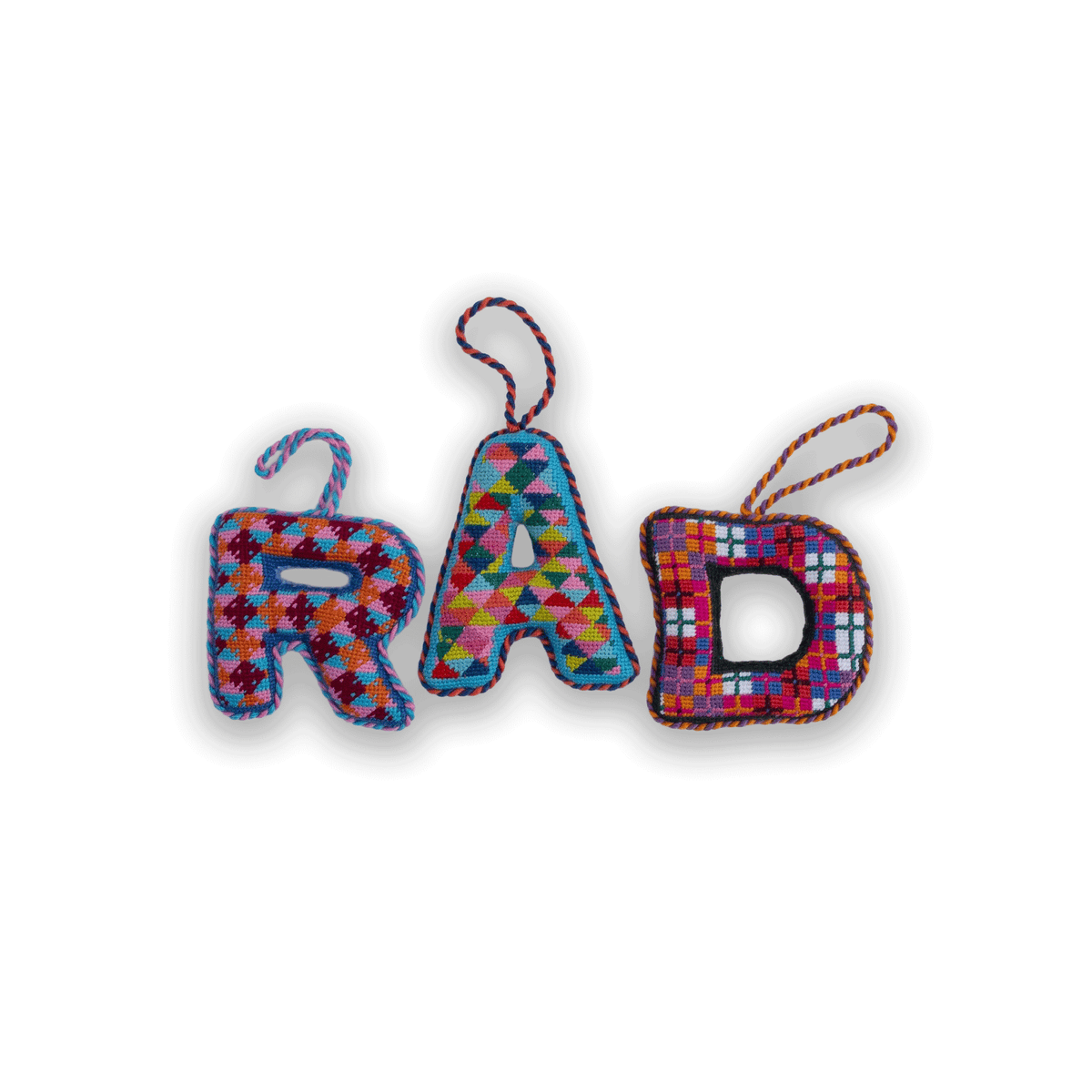 Needlepoint monogram ornament letter R with multicolor plaid stitching and hanging loop