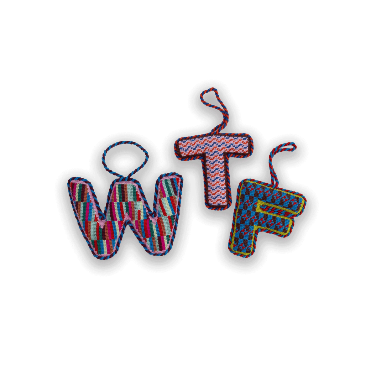 Needlepoint monogram T ornament with multicolor zigzag stitches and attached hanging loop