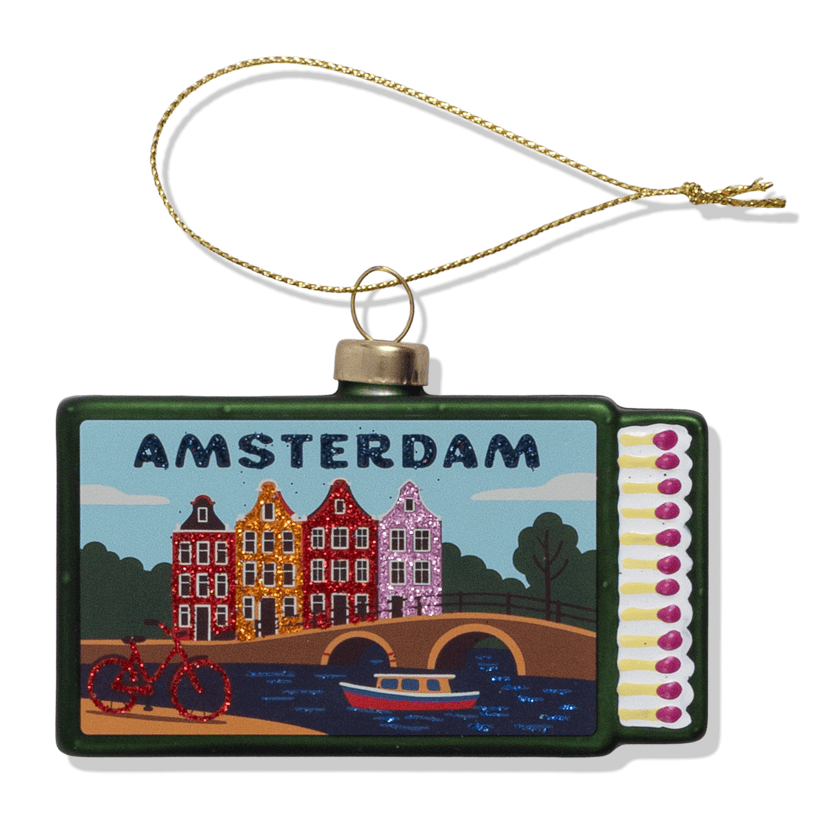 Amsterdam matchbook ornament with hanging loop and colorful city artwork on rectangle