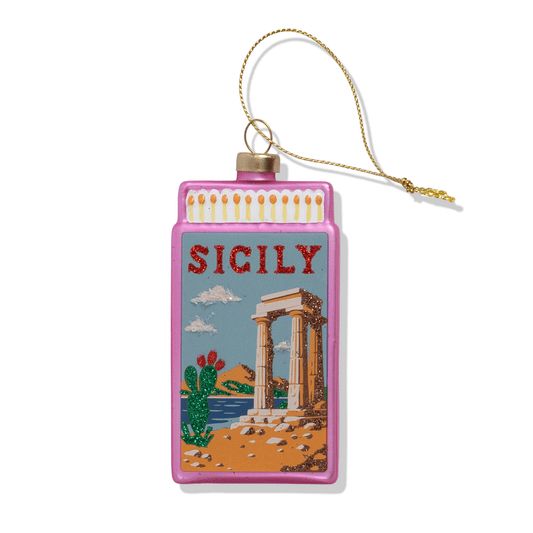 Sicily matchbook ornament with gold loop and chain, pink frame and vintage scene