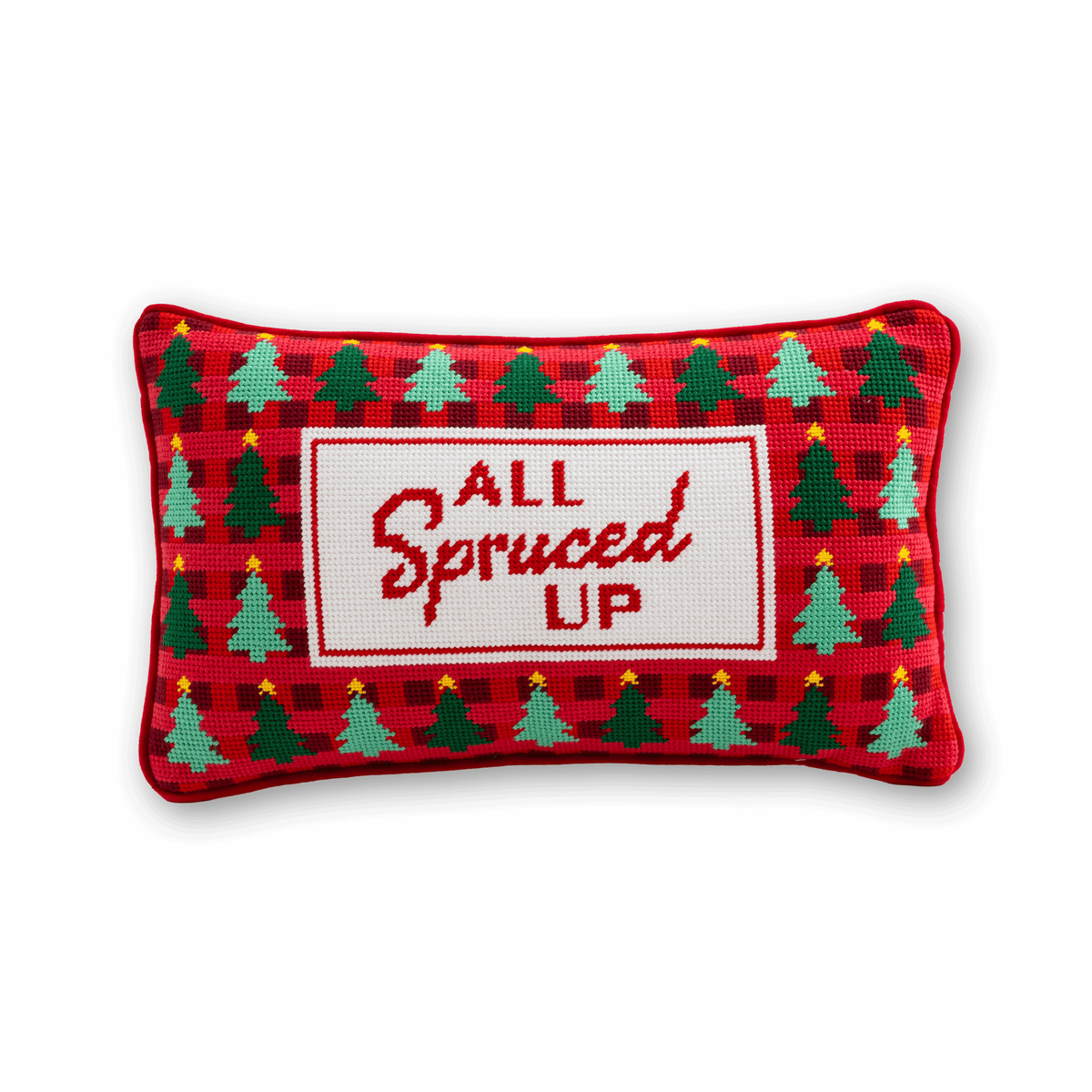 Needlepoint Christmas pillow with red, green tree pattern and 'All Spruced Up' patch