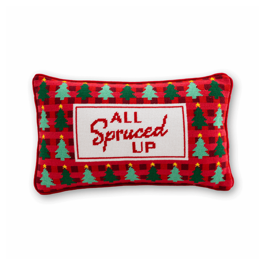 Needlepoint Christmas pillow with red, green tree pattern and 'All Spruced Up' patch