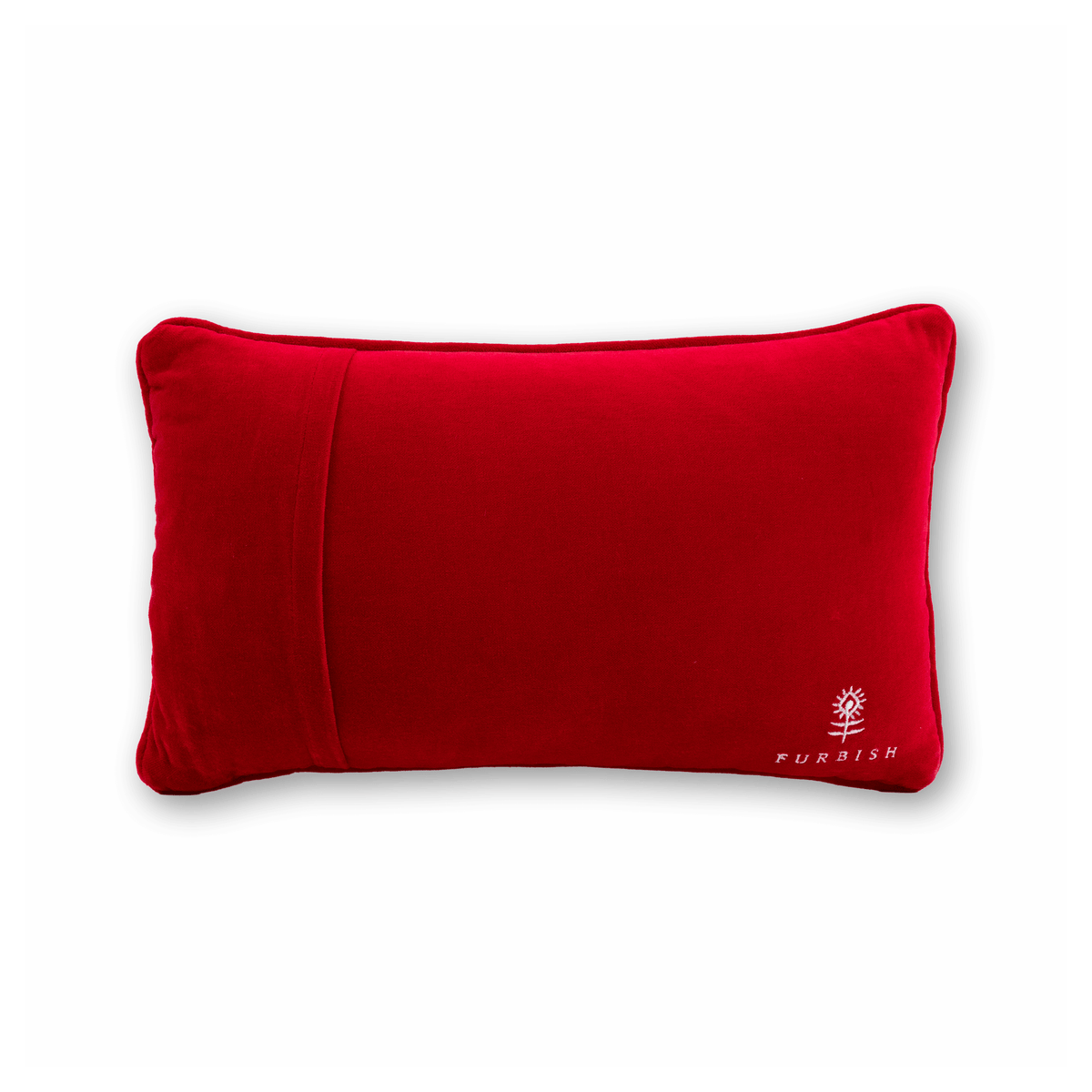 Solid red lumbar pillow with small white snowflake logo on corner