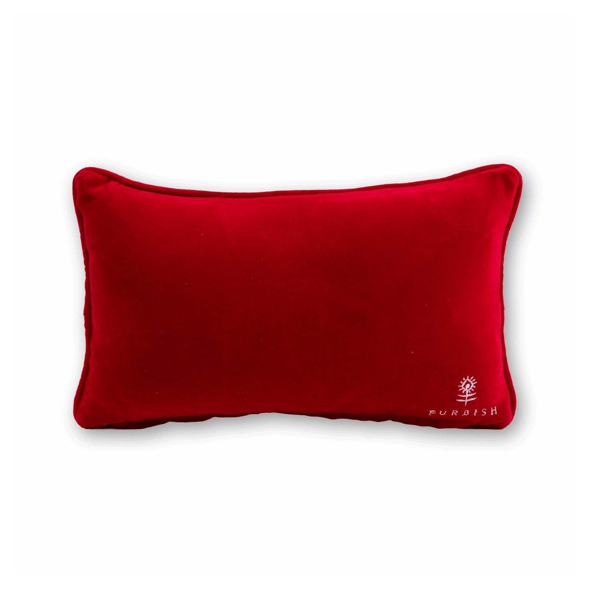 Red rectangular pillow with subtle embroidery and PURBISH branding