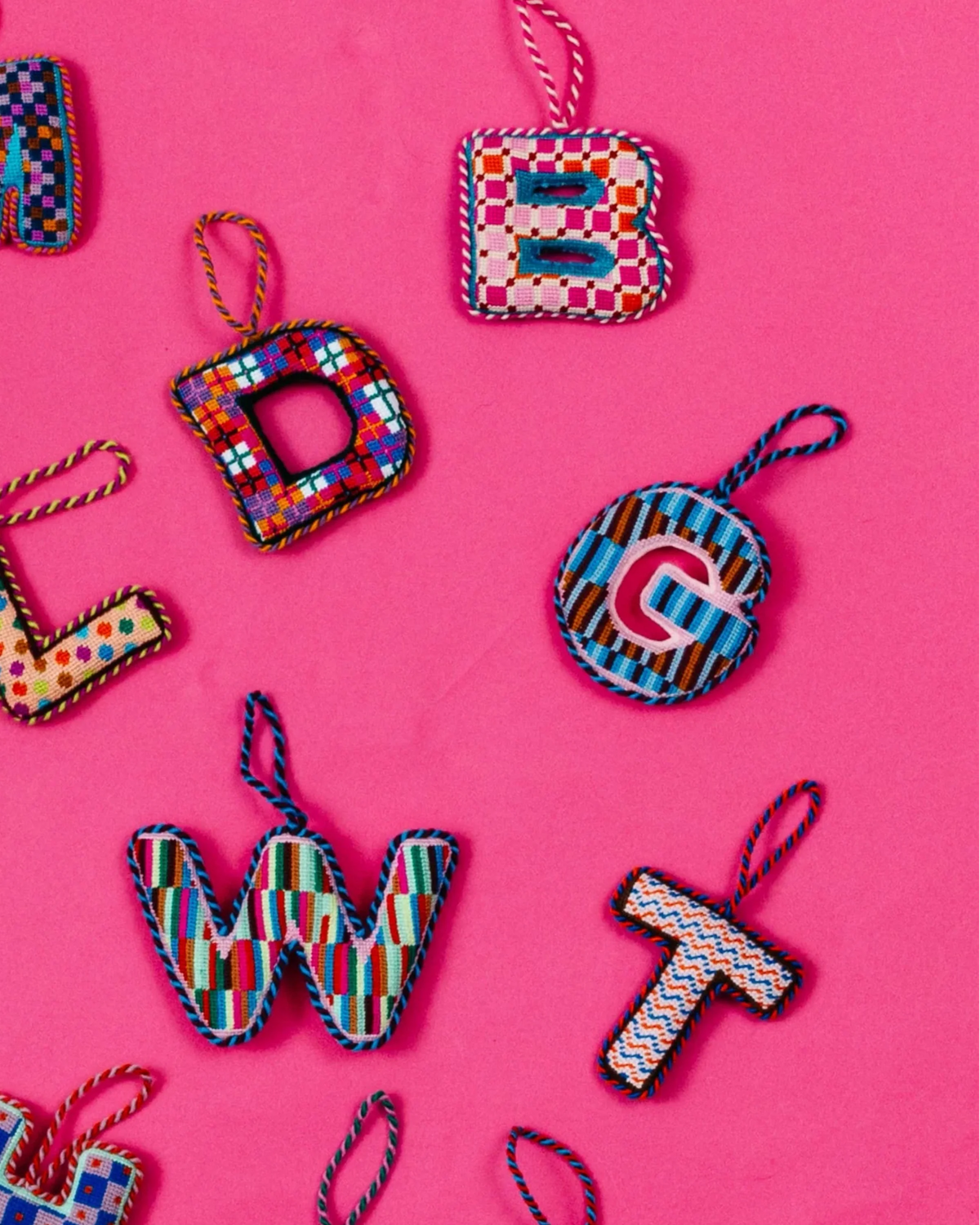 Needlepoint monogram ornament letter G, checkered multicolor stitched ornament with loop cord