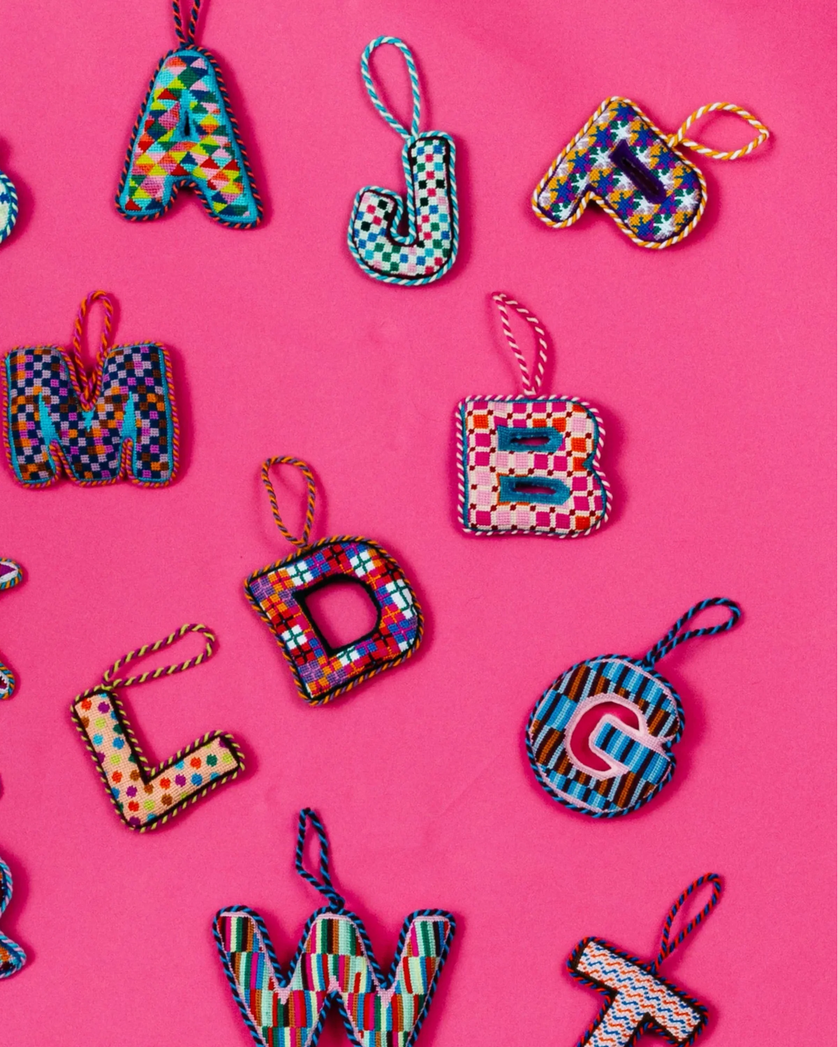 Needlepoint monogram ornaments, letter B patch-style needlepoint with hanging loop