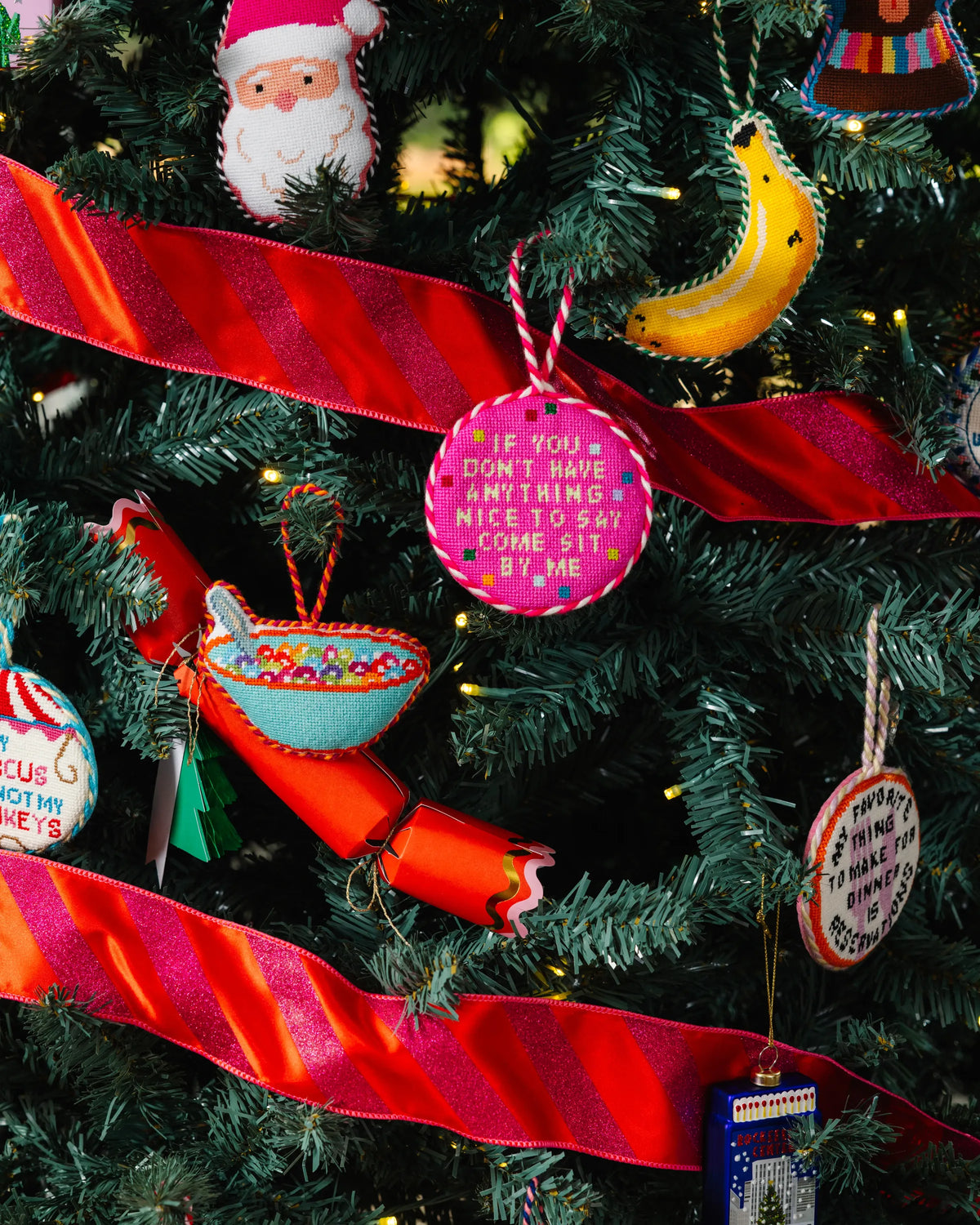 Needlepoint icon ornament, turquoise cereal-bowl shape on Christmas tree branch