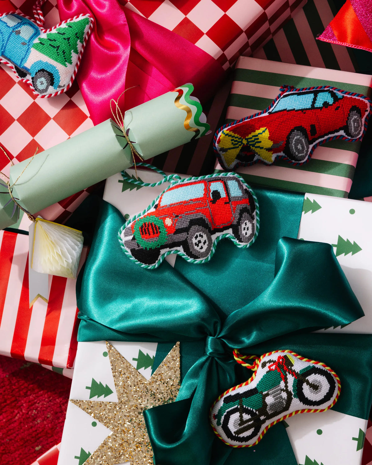 Needlepoint off-road truck icon ornament, red truck with hanging loop