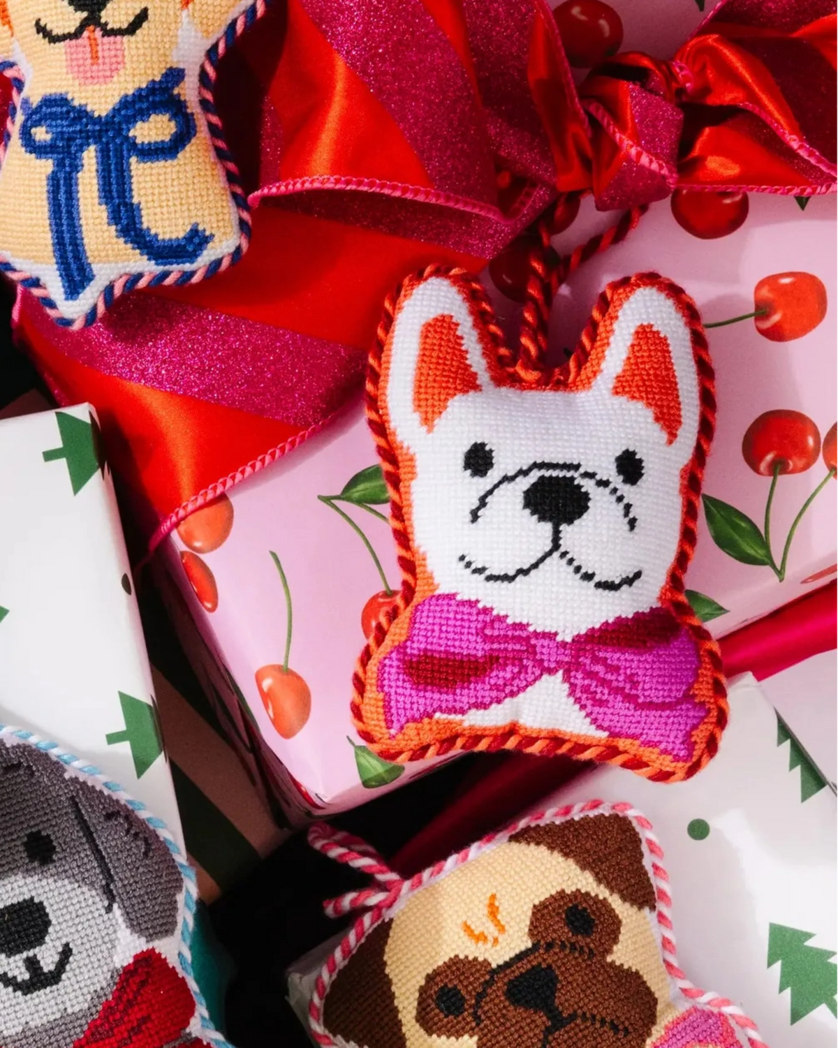 French bulldog needlepoint icon ornament with pink bow and red hanging loop