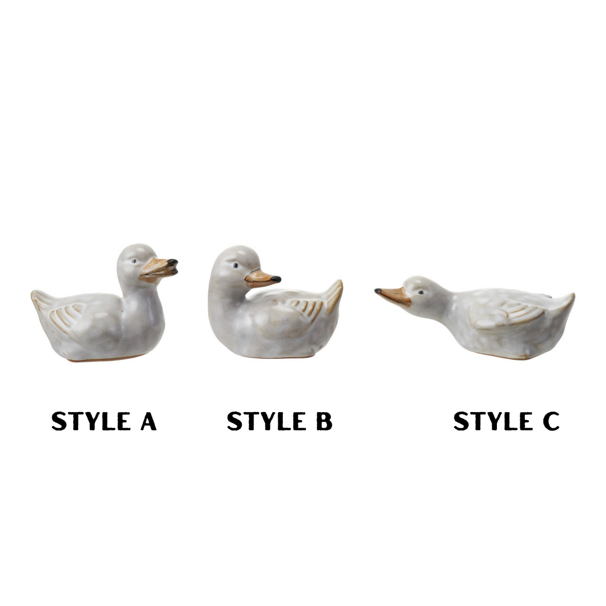 Ceramic duckling figurines, three styles: Style A, Style B, Style C, pale white