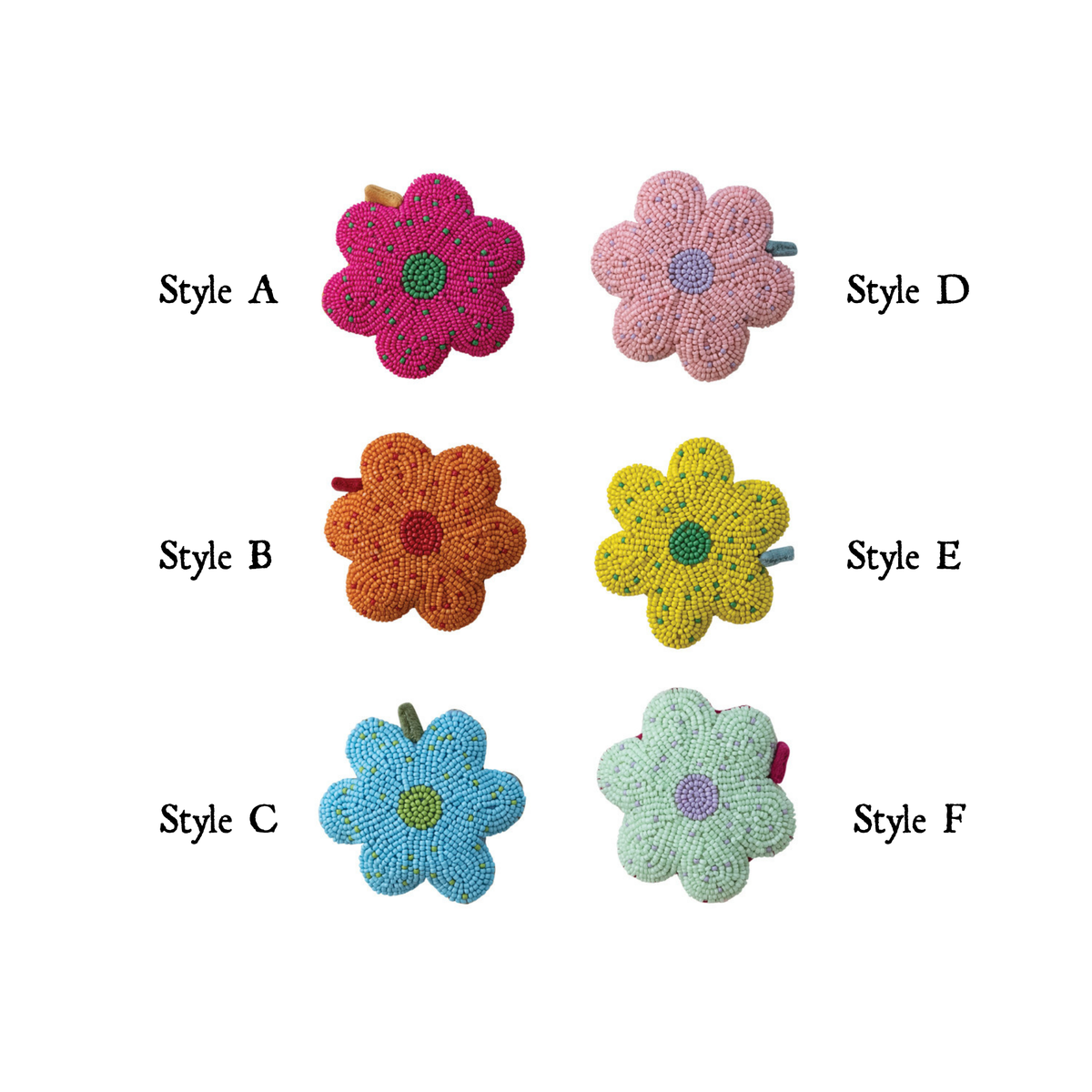 Beaded flower tape measure styles A–F, magenta, pink, orange, yellow, blue, mint
