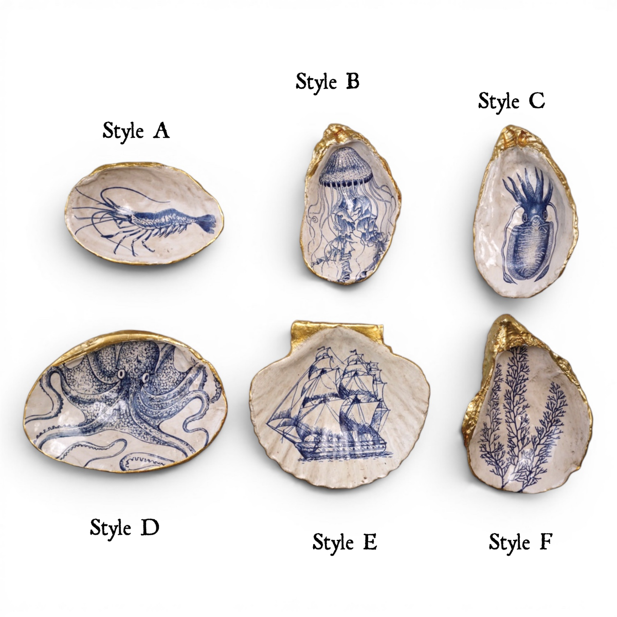 Assorted styles of blue sea-life shell trinket dishes with gold edging, six-piece set
