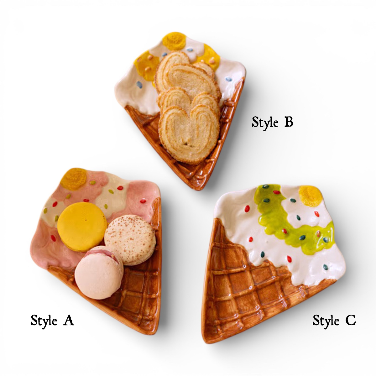 Ceramic ice cream cone snack plate set with Style A, Style B, and Style C designs