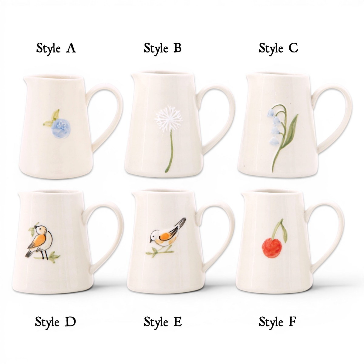 Mini ceramic creamer set featuring Style A–F options in off-white with painted motifs