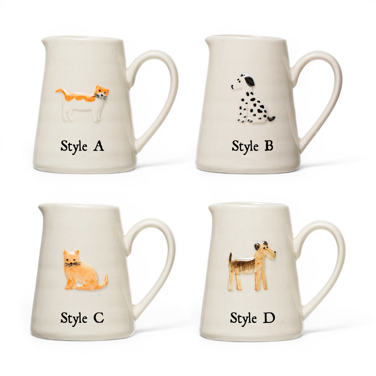 Ceramic animal creamer set, Style A cat, Style B dalmatian, Style C cat, Style D giraffe-like.
