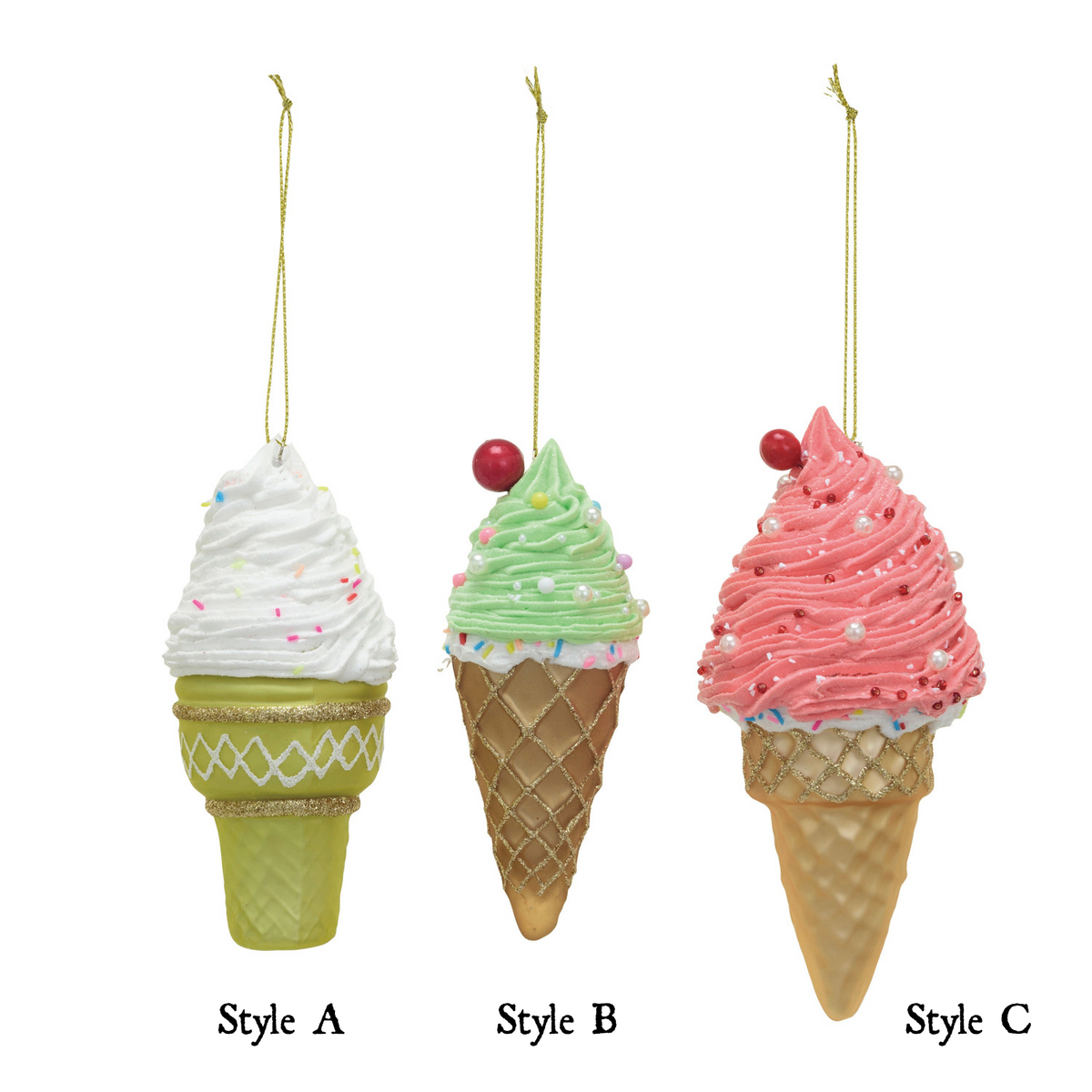 Three hanging ice cream cone ornaments in white, mint green, and pink with bead accents