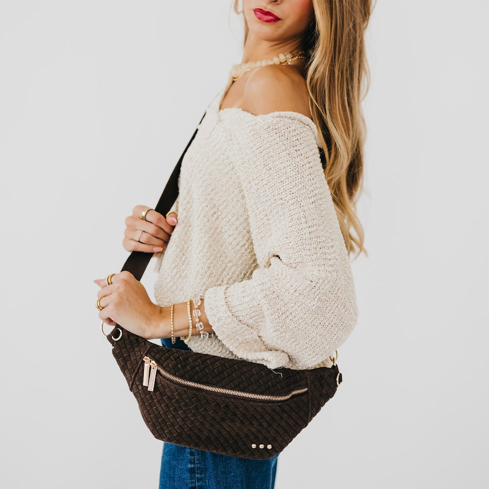 Woven suede bum bag in chocolate brown with zip front and gold-tone hardware.