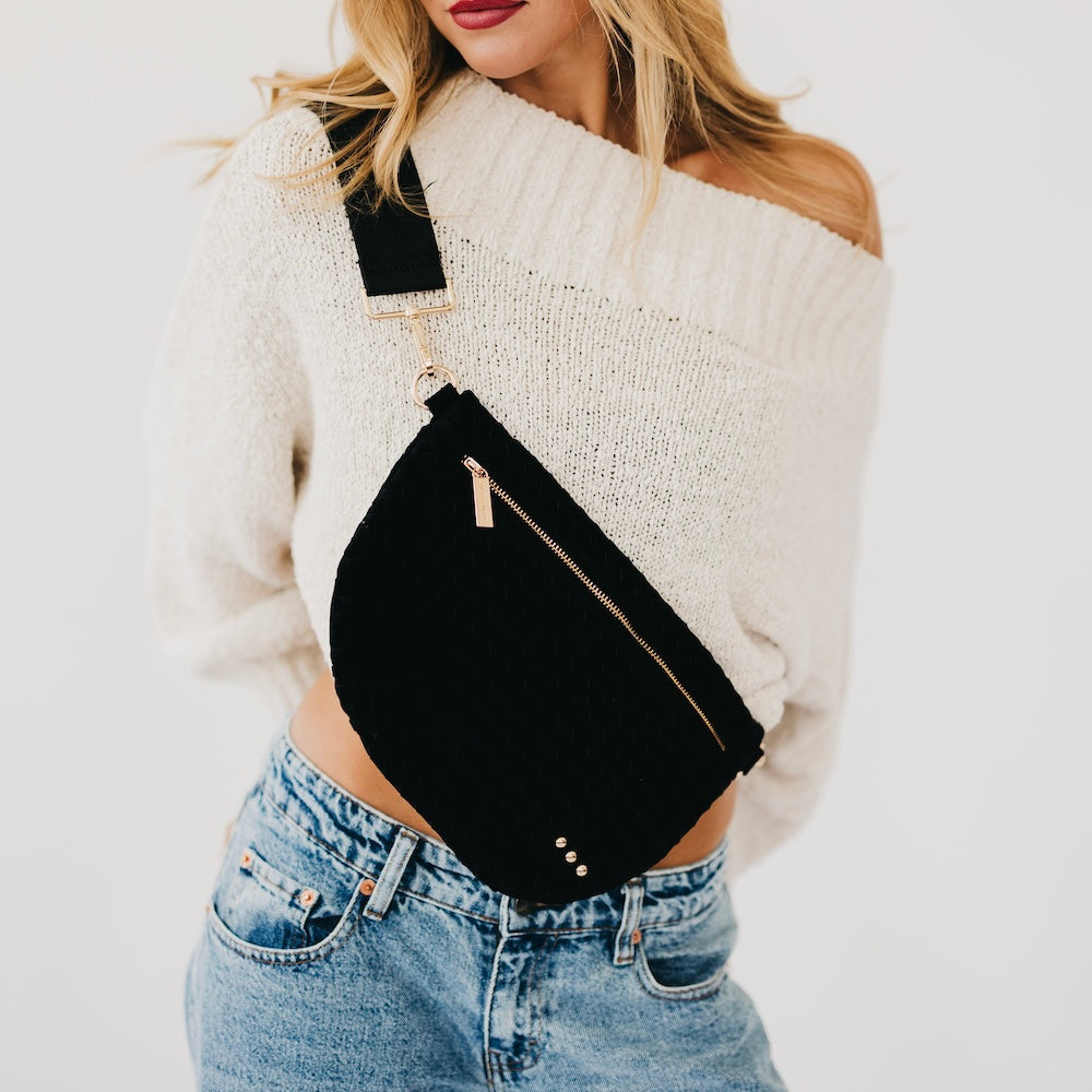 Suede Westlyn woven bum bag in black, zip top and adjustable crossbody strap.