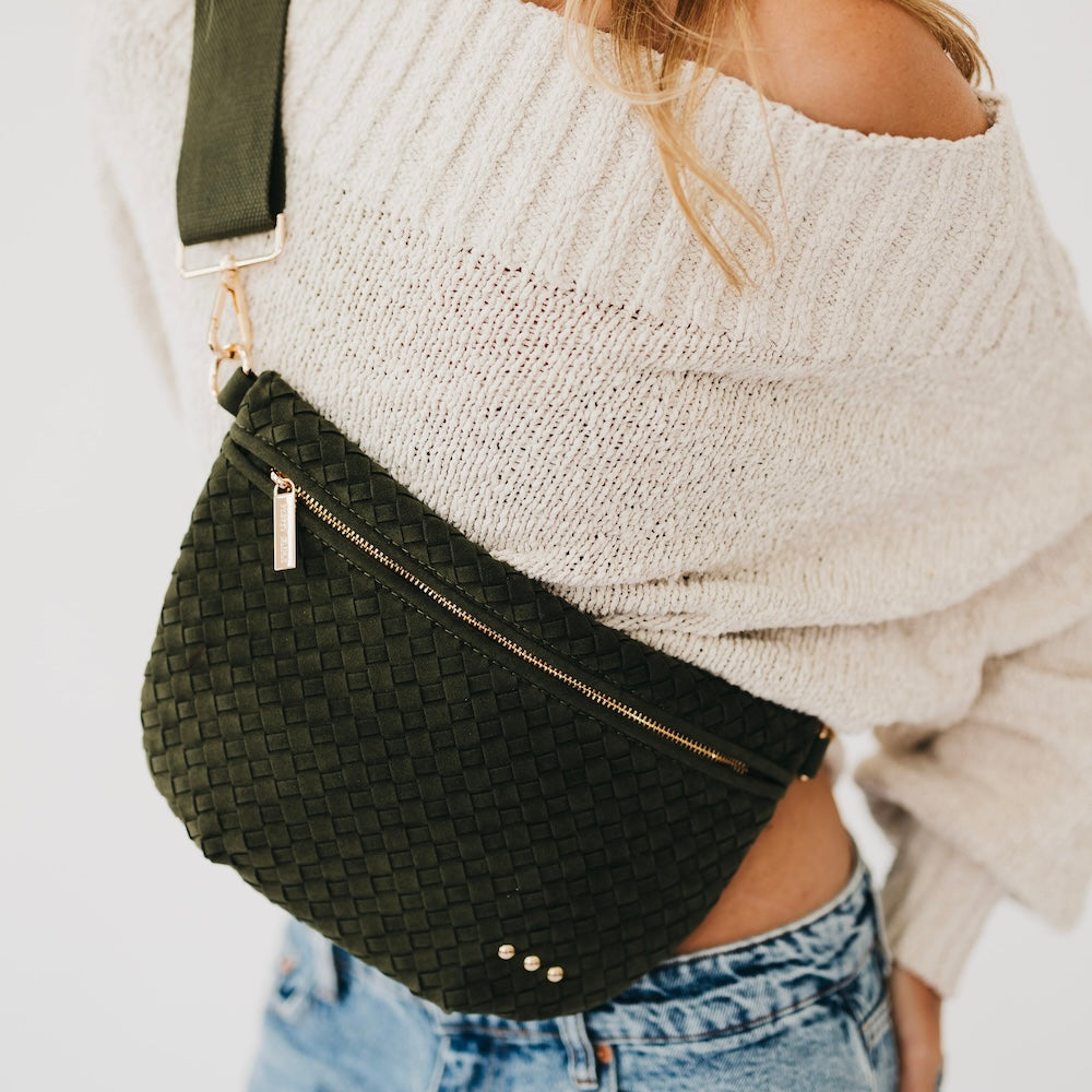 Suede Westlyn woven bum bag in dark olive green, zip top with gold-toned trim.