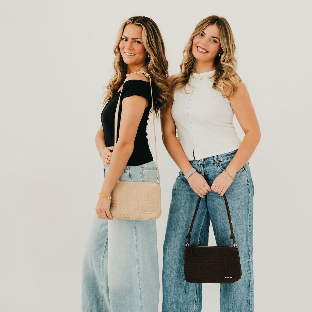 Beige suede hobo shoulder bag with braided strap and gold snap detailing
