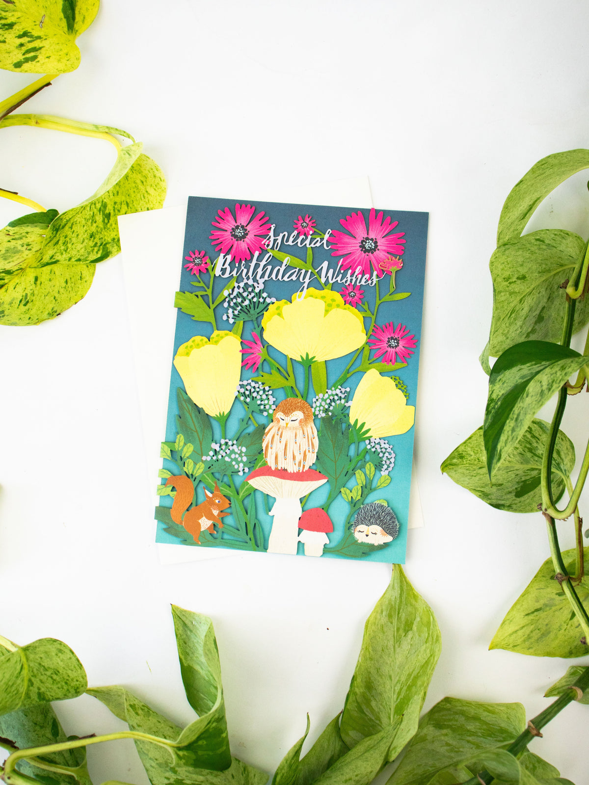 Floral birthday card with blue panel, 'Special Birthday Wishes' text, lion and flowers