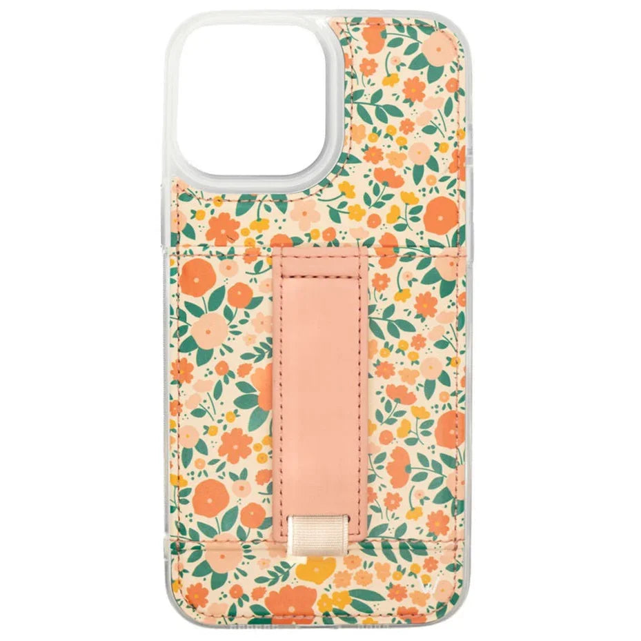 Floral phone case with clear bumper and pink center strap, orange and green print