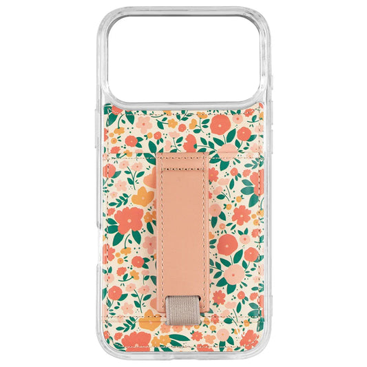 Floral phone case with clear bumper and pink strap detail, orange and green pattern