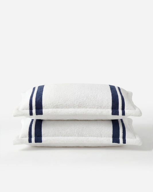 Folded striped pillow shams, off-white with navy double stripe trim