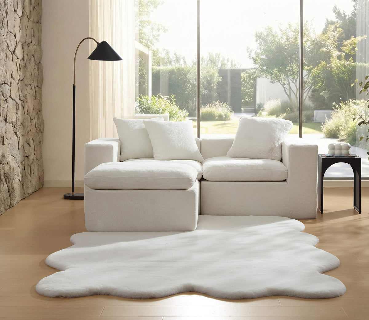 White faux fur large area rug with thick shag fibers