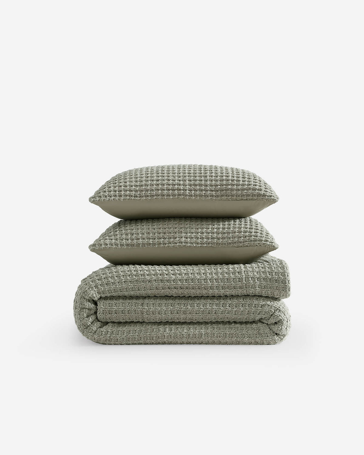 Olive green waffle comforter bundle with two matching square pillows
