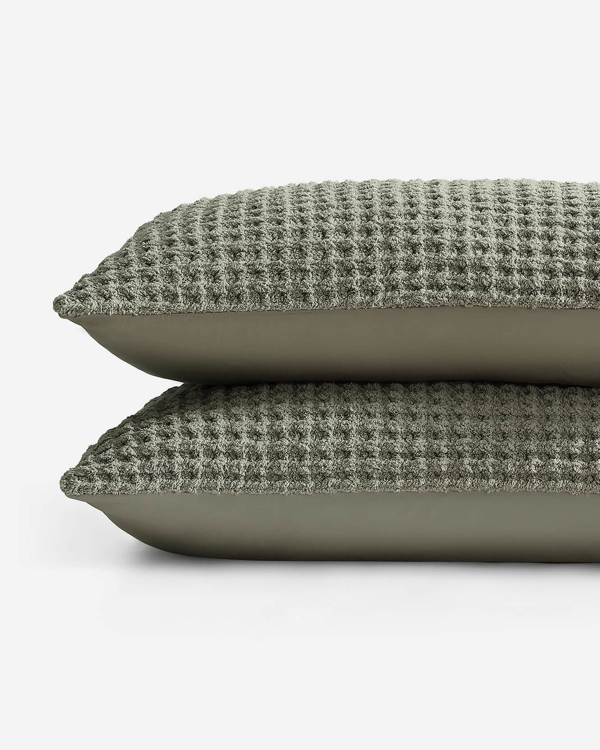 Stacked waffle comforter layers with smooth side, sage-green
