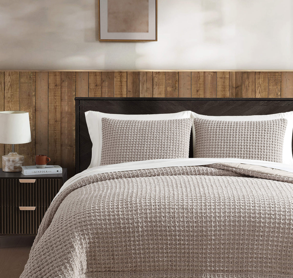 Waffle comforter and two shams on bed, neutral taupe bedding set
