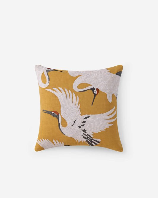 Gold embroidered throw pillow cover with white crane motif