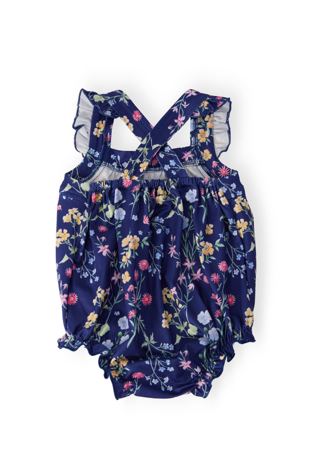 Floral cross-back romper with ruffle shoulder straps and navy print