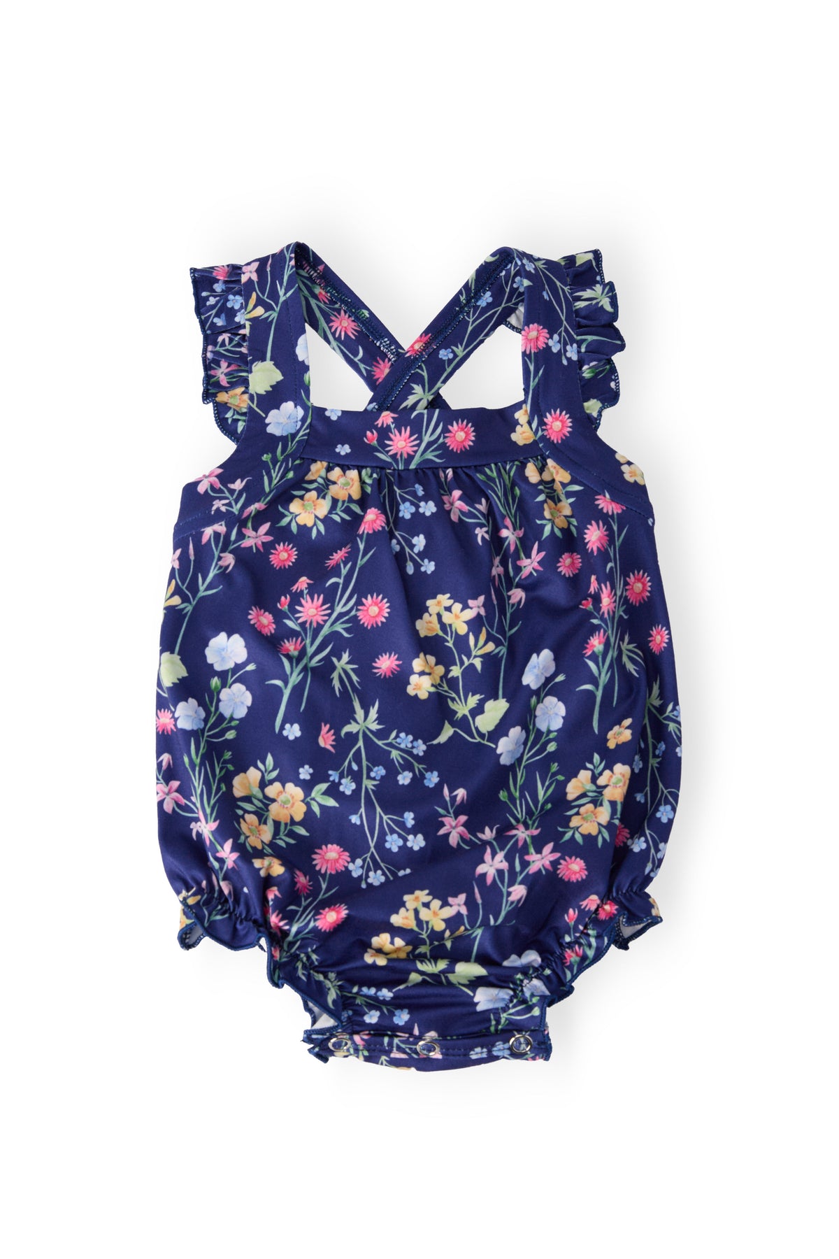 Floral ruffle cross-back romper with navy bodice and flutter sleeves