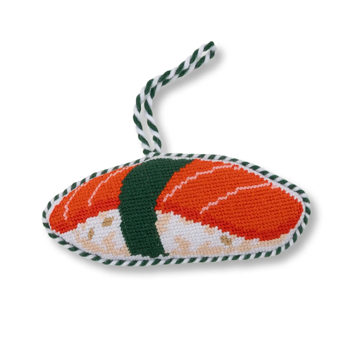 Needlepoint sushi icon ornament with braided loop, oval stitched green seaweed and orange fish