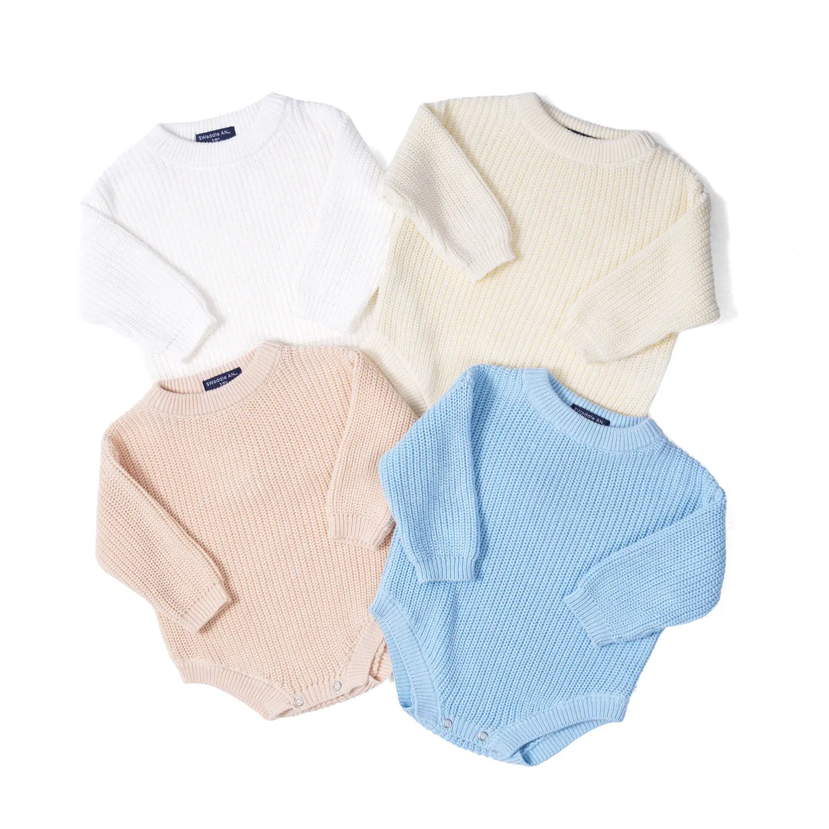 Baby knit romper set featuring cream, pink, and blue long sleeves with snaps.