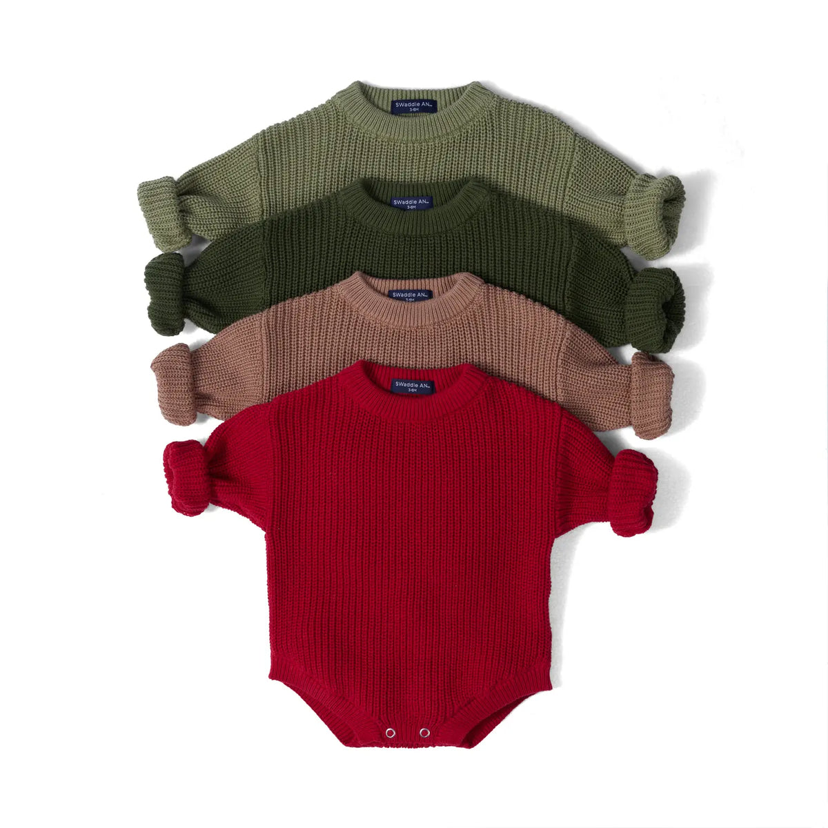 Set of chunky knit baby rompers with knotted sleeve cuffs in olive, dark green, blush, red