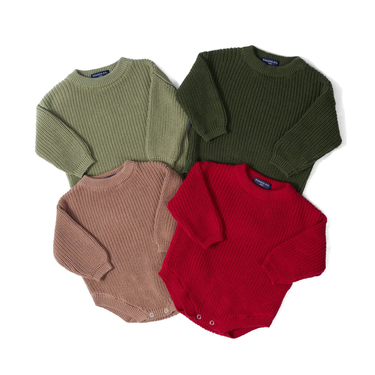 Assorted chunky knit baby rompers in olive green, red, dusty rose, and tan