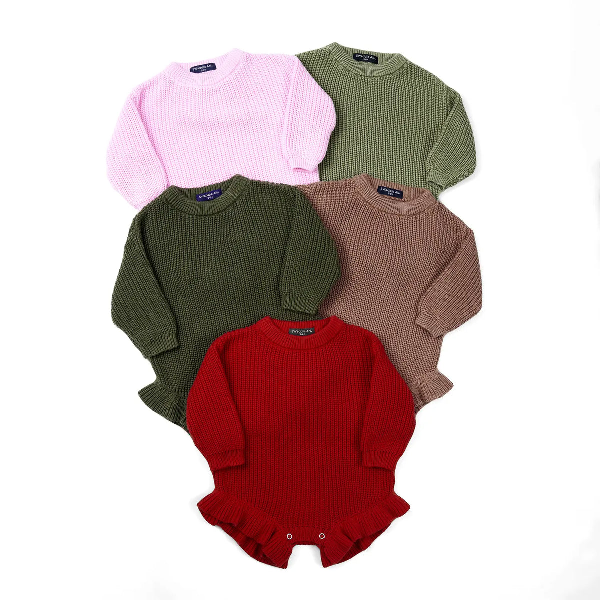 Pack of chunky knit baby rompers in lilac, olive, brown, and red