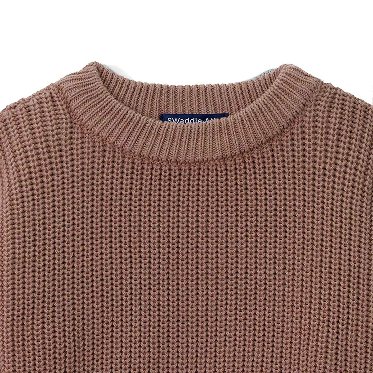 Mocha chunky knit romper with crew neckline and ribbed collar
