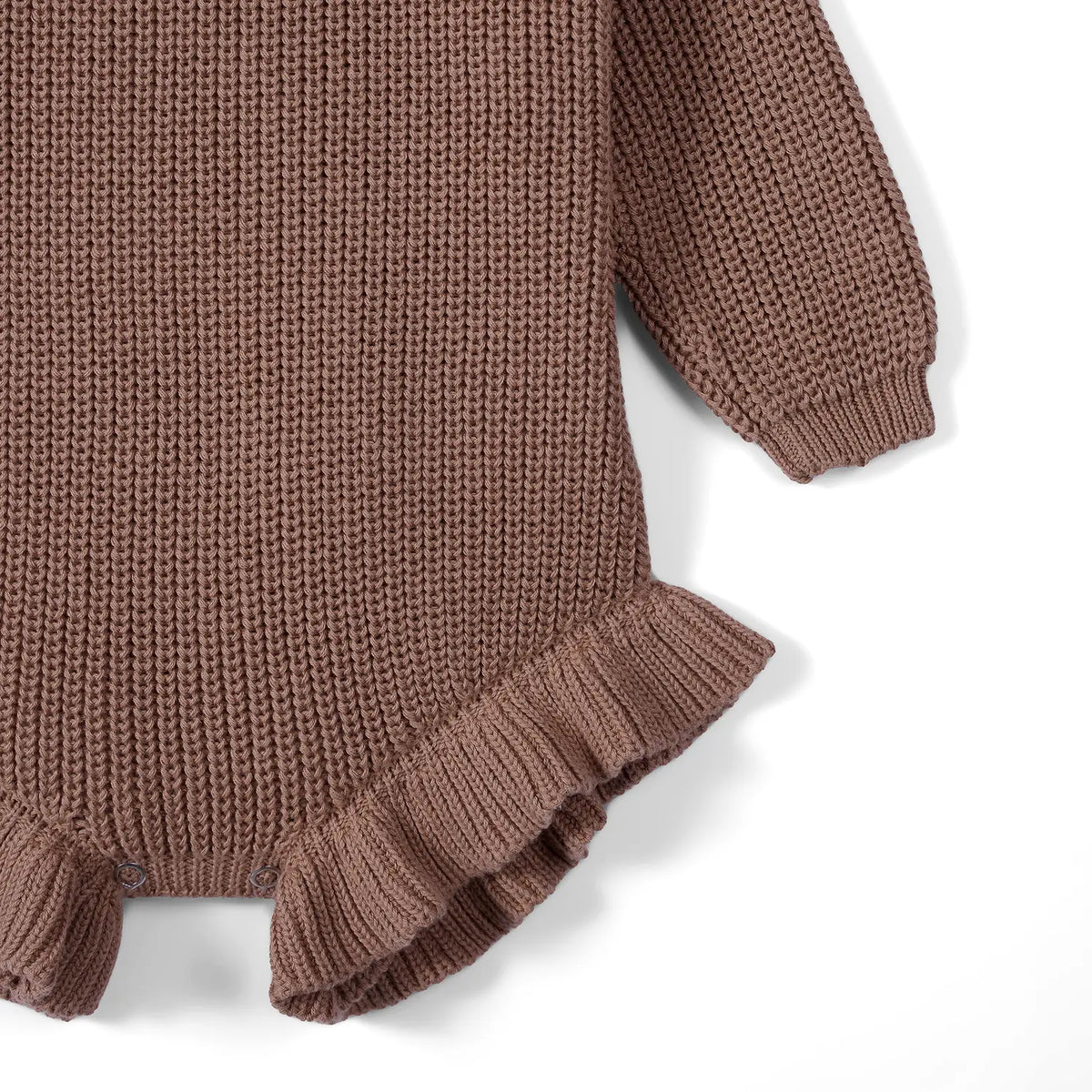 Mocha knit romper with ribbed cuffs and ruffled leg opening