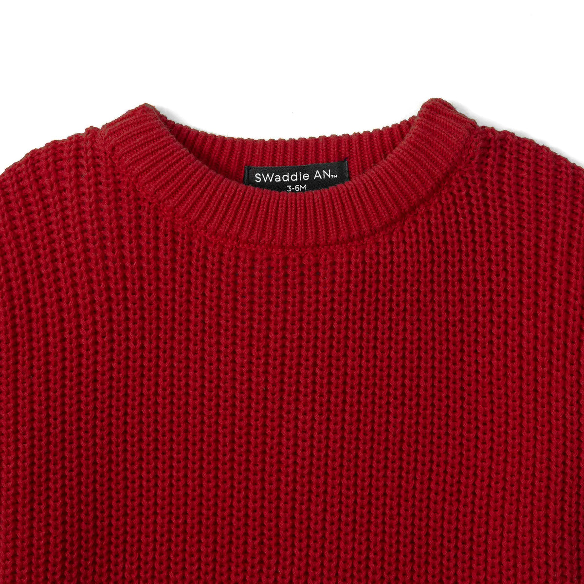 Red chunky knit baby romper crew neck with ribbed collar trim