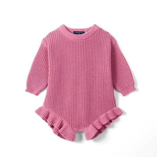 Rose pink chunky knit baby romper with ruffled hem and 3/4-length sleeves