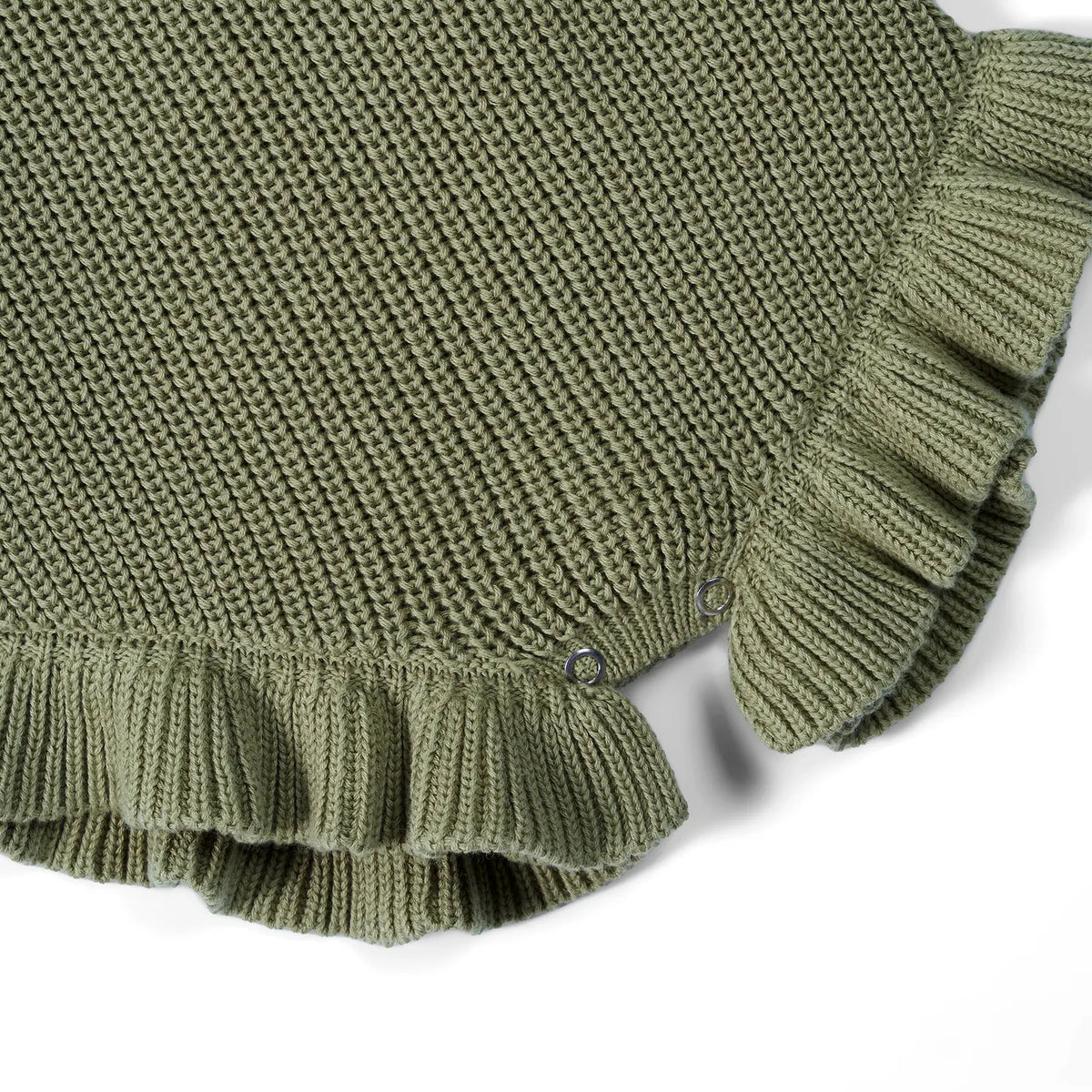 Sage green chunky knit baby romper ruffled leg hem with small button accents