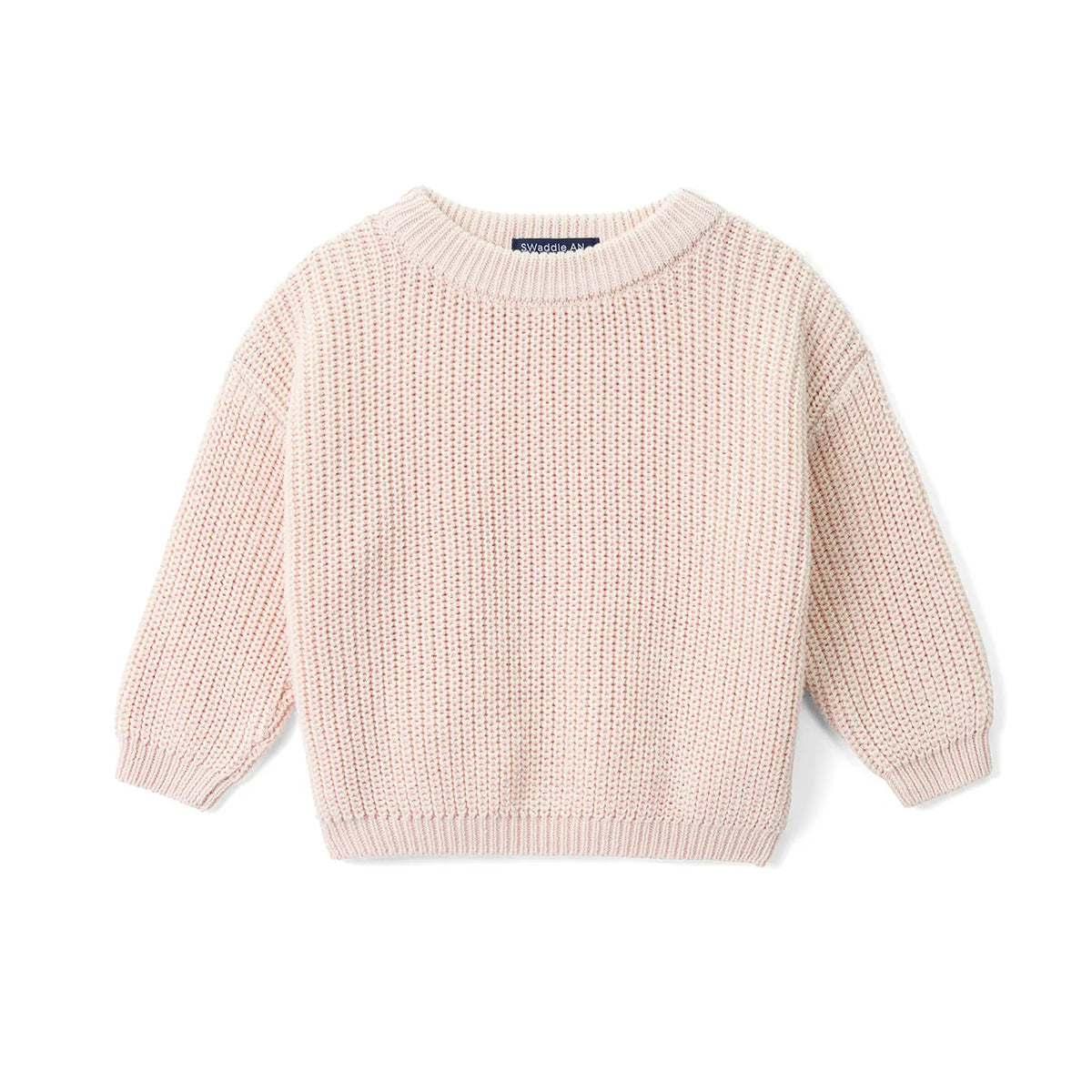 Beige knit baby sweater with ribbed crewneck and cuffs, long sleeves