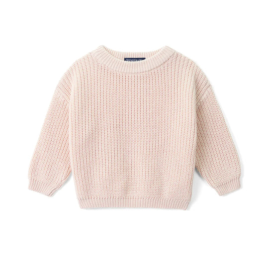 Beige knit baby sweater with ribbed crewneck and cuffs, long sleeves