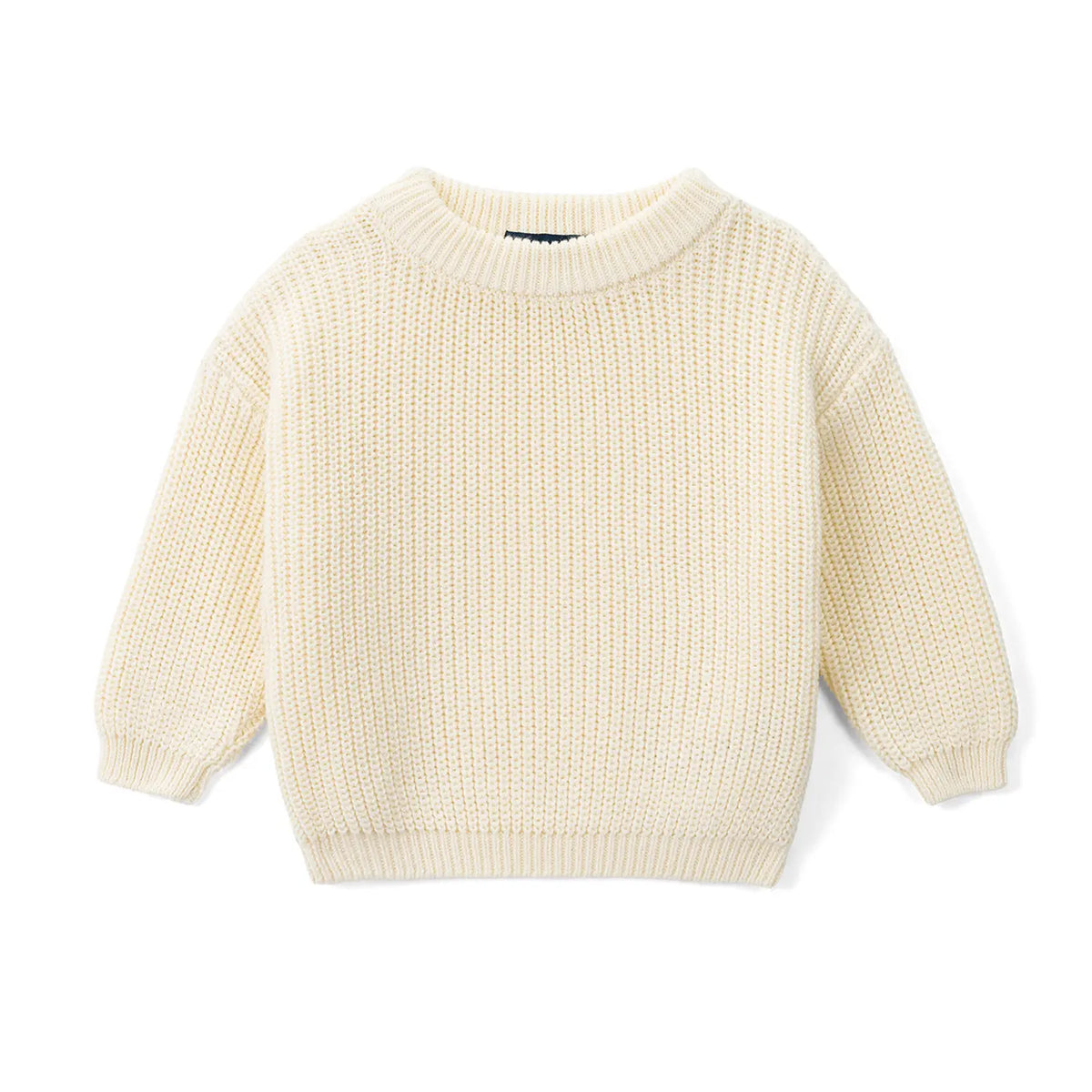 Cream knit baby sweater with crew neck and ribbed cuffs and hem