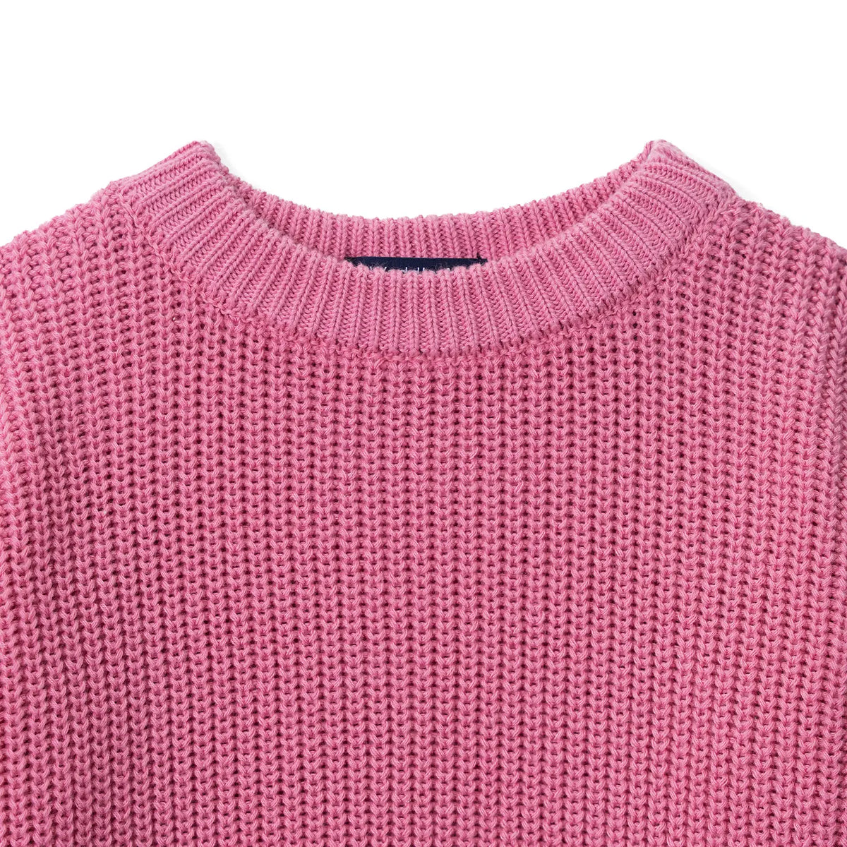 Rose pink baby sweater with ribbed crew neck collar
