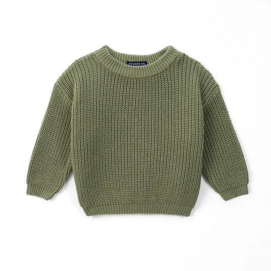 Sage green knit baby sweater with ribbed crew neck and cuffs, long sleeves.